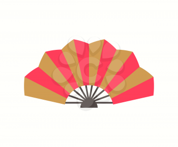 Folding fan with stripes red and gold in flat style isolated on white. Chinese culture accessory, colorful traditional eastern ornament vector, souvenir