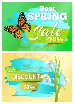 Best spring sale 70 discount promo price 30 off set of stickers with brown butterfly and white snowdrops vector advertisements springtime emblems