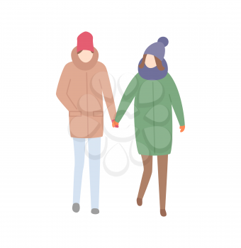 Couple man and woman walking together relaxing people vector. Male and female holding hands, wintertime cold seasonal clothes hats and jackets on pair