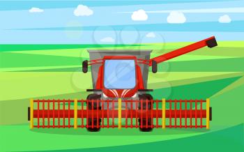 Combine agricultural device vector. Farmland field with crops and sky with clouds.Farming machinery for lands works, soil cultivation farm equipment