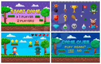 Pixel art game in 8 bit character life info and scenery vector. Isolated icons set trophy and sword, bomb and troll rival, alien and treasure arcade