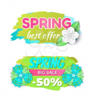 Spring big sale 50 percents and best offer web page, green label with colorful flowers. Holiday bright price tag with decoration of blossoms vector