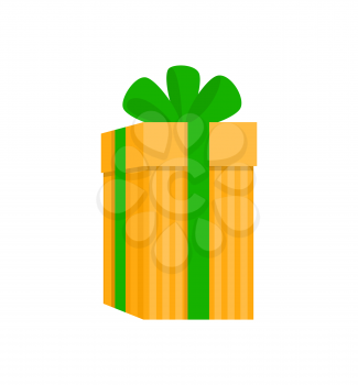 Gift box with stripes wrapped wide green ribbon and big bow. Holiday yellow extended present in flat style isolated on white, element for decoration vector