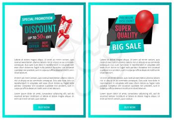 Sellout and clearance, store promotion web pages templates vector. Inflatable balloon and present from shop, special offer, exclusive product price reduction