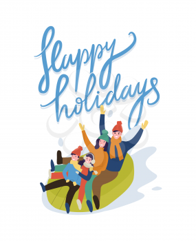 Family going snow tubing isolated on white. Sitting father and mother with children on rubber ring with rising up hands. Happy holidays card vector