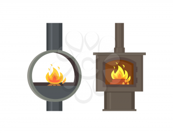 Fireplace old style stoves with burning logs set vector. Rounded metallic construction with fire, pipe ventilation. Home interior vintage furniture