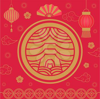 Chinese New Year Holiday celebration asia vector. Flower floral elements, decoration hand fan and lanterns made of paper, flora and origami design