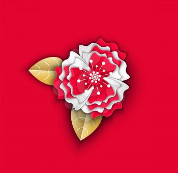 Flower made of paper decor origami for holiday vector. Isolated icon of Asian culture with flourishing and blooming. Blossom with petals celebration