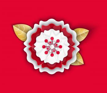 Paper flower with petals origami with leaves Chinese style vector. Isolated icon with leaves flourishing and blooming flora 2019 approaching new year celebration