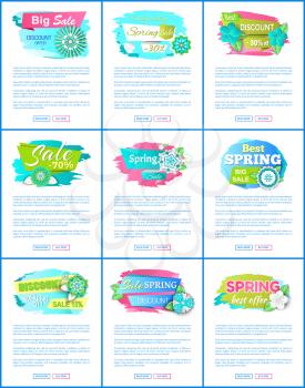 Spring best offer promo labels on web promo posters. Shop clearance price tags vector springtime discounts, sale from 15 to 70 percent off, final prices