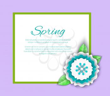 Spring decoration on poster with frame and flower vector. Text sample with decoration of papercut origami decor of banner with petals and foliage