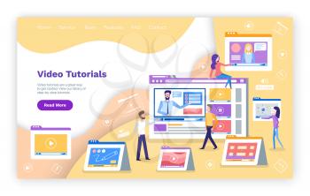 Video tutoring online courses with tutors explaining vector. Computer monitor with male teacher and students, distance education of people, students