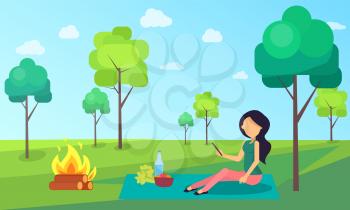 Picnic of woman sitting on cloth nature greenery vector. Trees and person reading information from mobile phone. Basket with products veggies food
