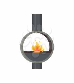 Fireplace made of metal material iron stove isolated icon vector. Pipe glowing flames in ball, home interior decoration of closed type, circular furnace