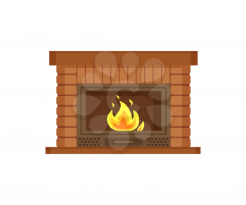 Fireplace with metal frame, construction made of brick vector. Flames and burning logs wood material in fire, heating decoration of home interior