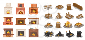 Fireplace isolated icons set logs wooden material vector. Furniture home decoration, stone and brick, ornaments and fire inside, burning wood beams