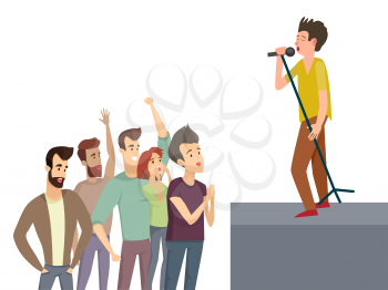 Music performance singer on stage singing songs vector. Crowd of fans female and male people shouting, admirer looking at artist, holding microphone