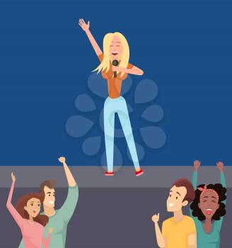 Girl singing with microphone on stage with hand up, smiling and dancing couples of men and women near scene. Sound concert or karaoke party vector