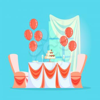 Wedding or banquet table with cream cake and champagne vector. Balloons and festive tablecloth, plates and glassware, window with curtain, furniture