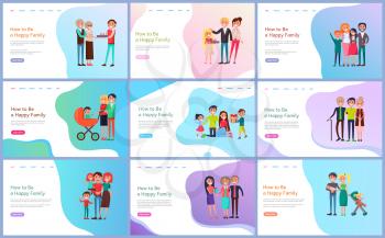 Happy family with baby carriage, children and parents giving present to relatives. Web page decorated by mother and father with daughter and son vector