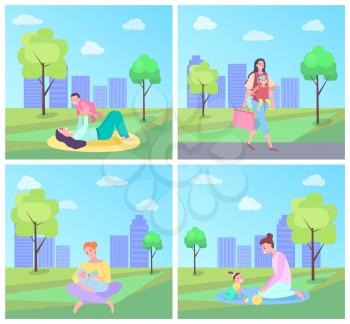 Woman playing with kid vector, people in city park having fun. Newborn child with mom, woman carrying handbag, feeding baby on nature with green trees