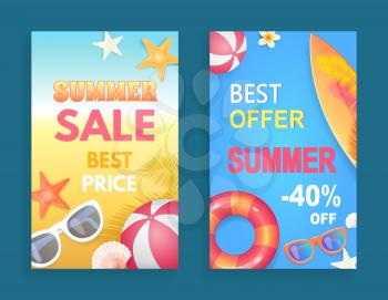 Best offer summer sale set of posters vector. Price reduction decrease of cost. Sunglasses and surfing board with flowers and rubber inflatable ball
