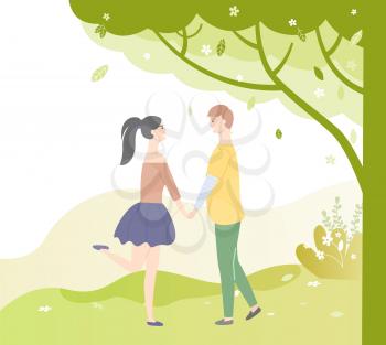 People in love under green tree. Vector dating teenagers, girl in short skirt, boy in yellow sweater and trousers. Sudents in lovers, male and female
