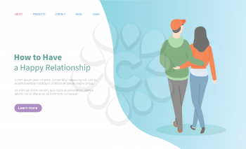 How to have happy relationship online, blue homepage decorated by hugging couple, back view of going people together, psychology mobile app vector. Website or webpage template, landing page flat style