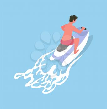 Man driving on waterbike, summer activity, back view of human in short riding on jetski, watersoprt flat design. Aqua transport for going by sea vector