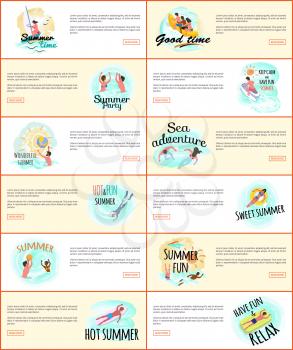 Summer fun and sea adventures vector, people by seaside website pages. Lady laying on lifebuoy, windsurfing and scuba diving, man on mattress, swimming