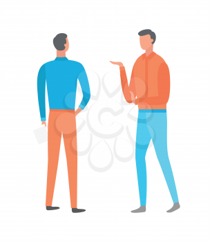 Full length of standing people, portrait and back view, men wearing blue and orange clothes. Posing guy with hand up, flat style of humans vector