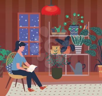 Winter evening vector, woman reading book sitting in chair in room with plants and green foliage in pots. Watering can on shelf, snowing weather outdoors