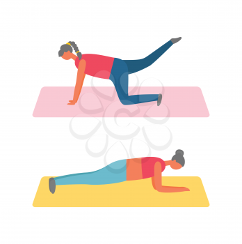 Girls in plank on mat, lifting legs, fitness training and sport exercise vector. Women in sportswear on rugs, daily workout and healthy lifestyle