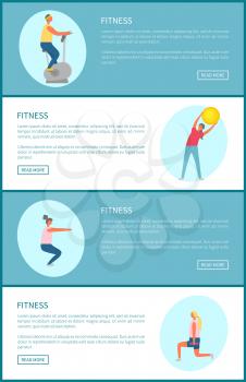 Sport and fitness trainings tips online web page vector. Exercise bike and bending over with ball, squats and lunges with dumbbells, workout plan