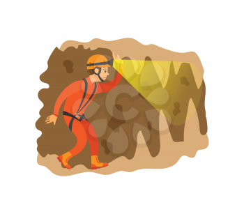 Man wearing helmet with light going in cave, male insurance going in antre, side view of person in orange suit, extreme or dangerous tourism vector