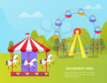 Carousel with horses vector, amusement park for kids and adults, ferris wheel and spinning attractions. Forest with trees and greenery, poster with text