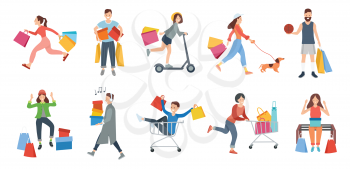 People shopping vector, woman walking with pet holding packages from shops, isolated set. Singing man, male sitting in cart smiling, lady shopaholic