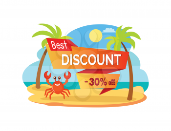 Best discount 30 percent off advertisement label with cartoon crab among palm trees at coastline. Vector omar at sea, hot summer sale promo sticker