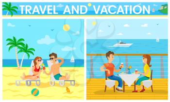 People spending time by seaside relaxing together vector. Sunshine on beach, seaside and seascape, summer vacation holidays of couple, romantic dinner