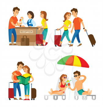 Reception and beach, travelers couple on vacation vector. Man and woman with baggage checking in, girl and guy with map and in swimsuits with cocktails