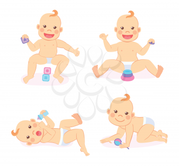 Child activity vector, set of isolated kid playing with toys for cognitive abilities development. Cute baby wearing diaper and holding bottle with meal