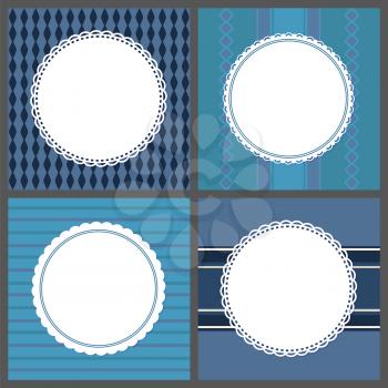 Retro ornamental round frames isolated ob blue background with rhombus, stripes and lines. Vector posters with spare place for text, greeting cards templates