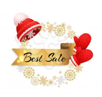 Best winter sale poster, warm red hat with white pom-pom and knitted glove, golden wreath made of snowflakes and ribbon. Woolen mittens and headwear vector