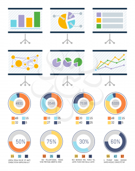 Infographic and infocharts on whiteboards vector. Whiteboard with graphics and schemes, statistics and layout. Business plan presentation pie diagrams