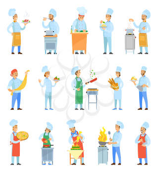 Cook female and male chefs cooking meal in kitchen set vector. Frying and roasting food, making pizza pasta, bread and dessert cakes. Serving plates