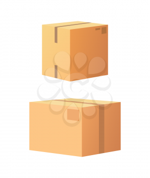 Carton package box with adhesive tape isolated icons vector 3D side view. Containers made of cardboard for product and items transportation, safe storage