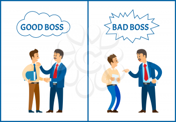 Good and bad boss, chief executive at work set of posters vector. Employer with employees, leader handshaking workmate, praising colleague with file