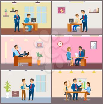 Boss employer with woman on interview, team on meeting vector. Teamwork of people brainstorming on solution, break in office, supervisor of novice