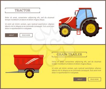Tractor and grain trailer posters set. Machines and automobile for plowing and transporting materials. Agriculture and farming agro devices vector