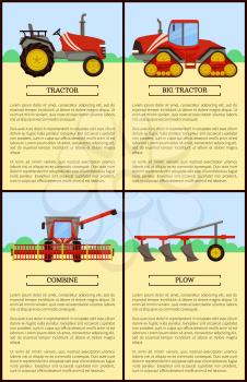 Tractor and combine posters set with text sample. Vehicles for farming and soil cultivation, Plowing and gathering crops, harvester machine vector